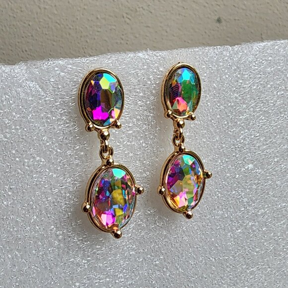 NWOT Etsy Iridescent Crystal Beaded Gold Tone Pierced Drop Dangle Earrings - Picture 7 of 15